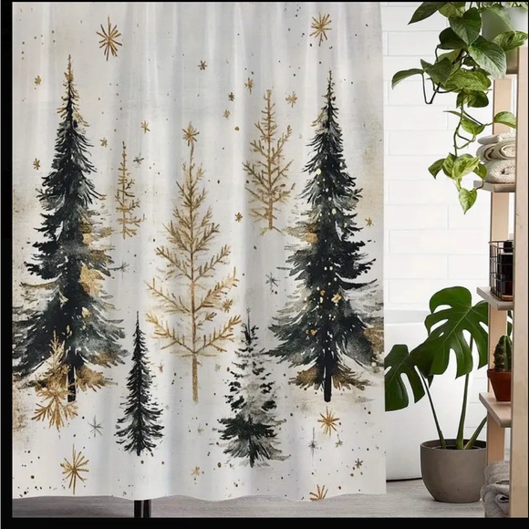 Winter Christmas pine tree waterproof shower curtain - Picture 4 of 6